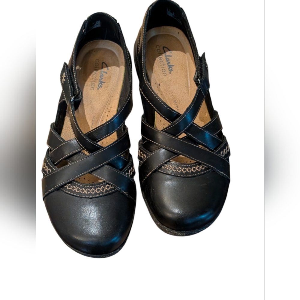 Clarks Roseville Step Mary Jane leather Flats black fisherman strappy comfort 8M